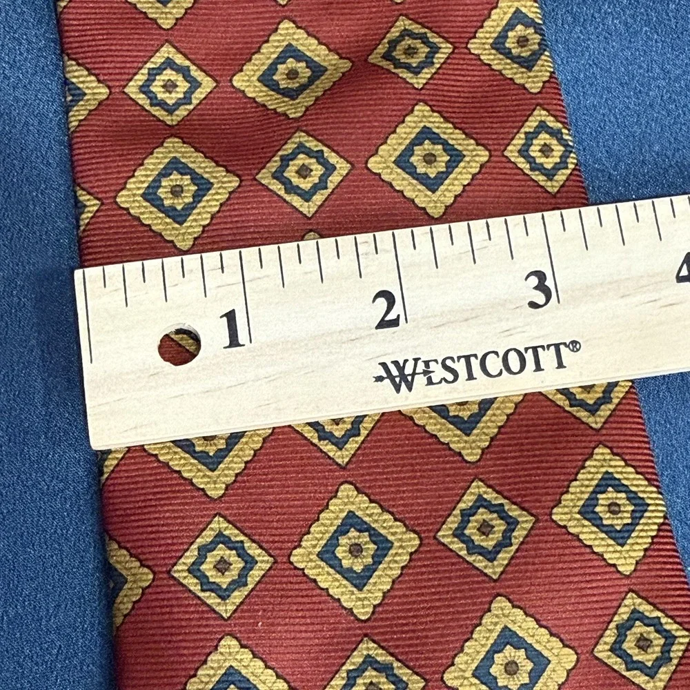 Brooks Brothers Makers Mens Silk Tie Red Gold Blue Geometric Made USA
